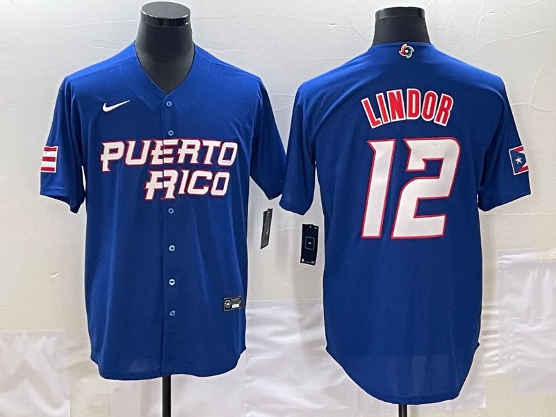 Men 2023 World Cub Puerto Rico 12 Lindor Blue Nike MLB Jersey6
